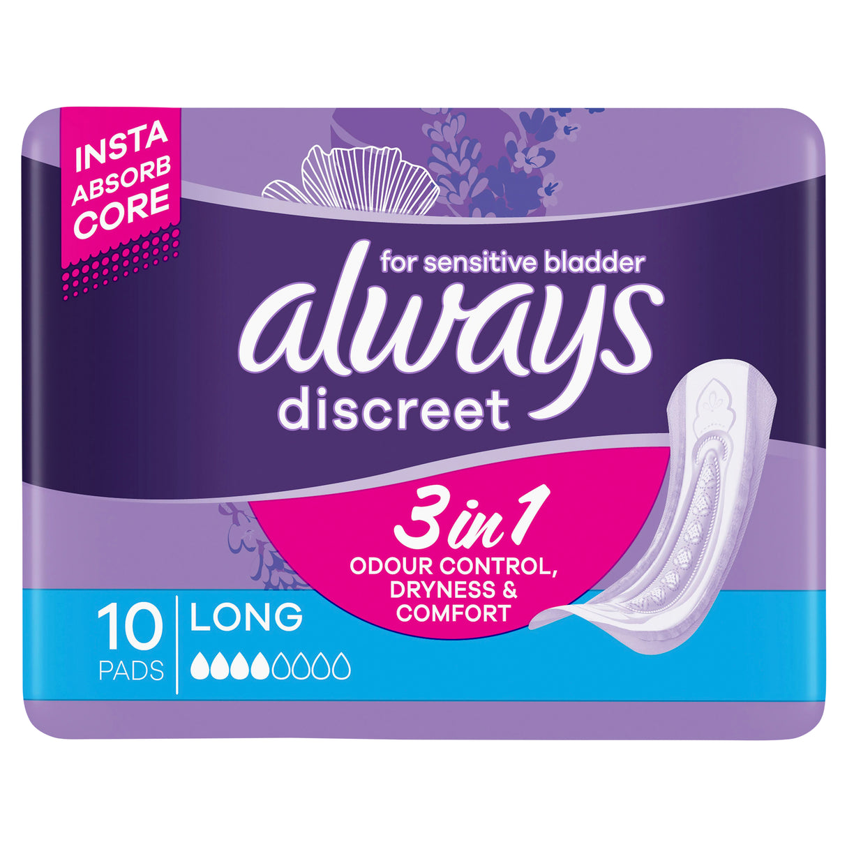 Always Discreet Long 10 Pads For Bladder Leak and Adult Incontinence