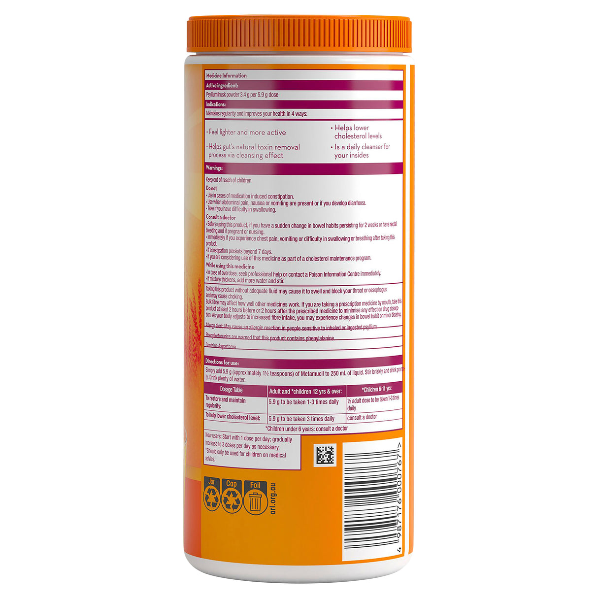 Metamucil Multi-Health Fibre with 100% Psyllium Natural Psyllium Orange Smooth 72D
