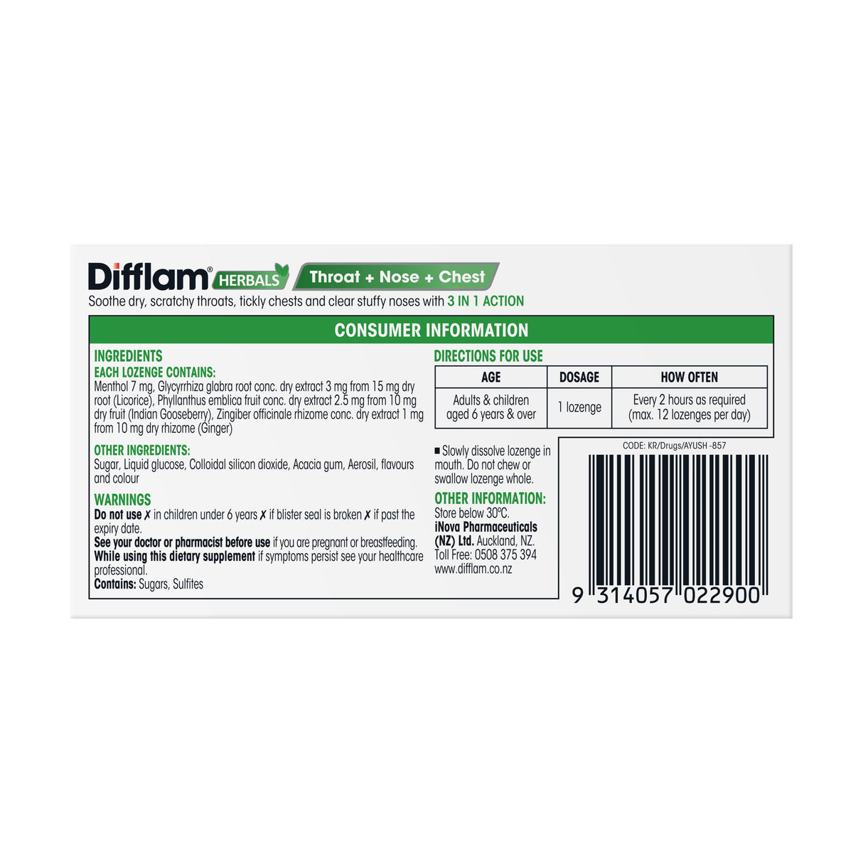 Difflam Lozenges Herbal Honey Lemon Menthol 16 Pack