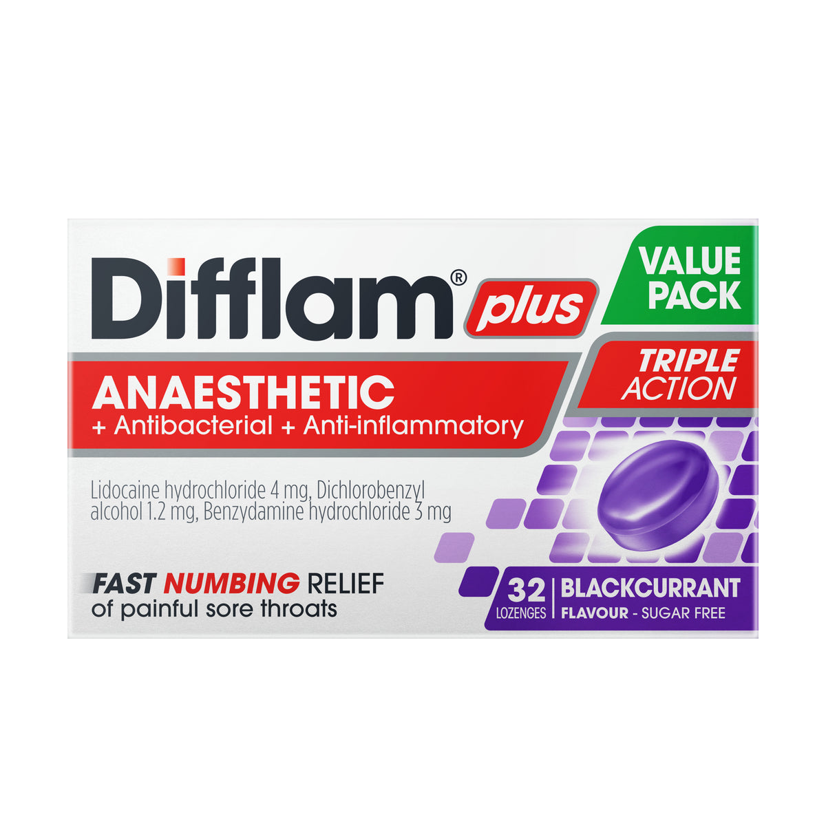 Difflam Plus Anaesthetic Blackcurrant Lozenges 32s