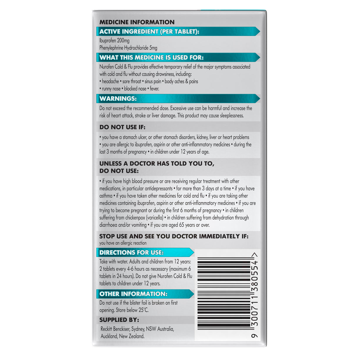 Nurofen Cold and Flu Tablets 200mg Ibuprofen /5mg Phenylephrine Hydrochloride 12 pack
