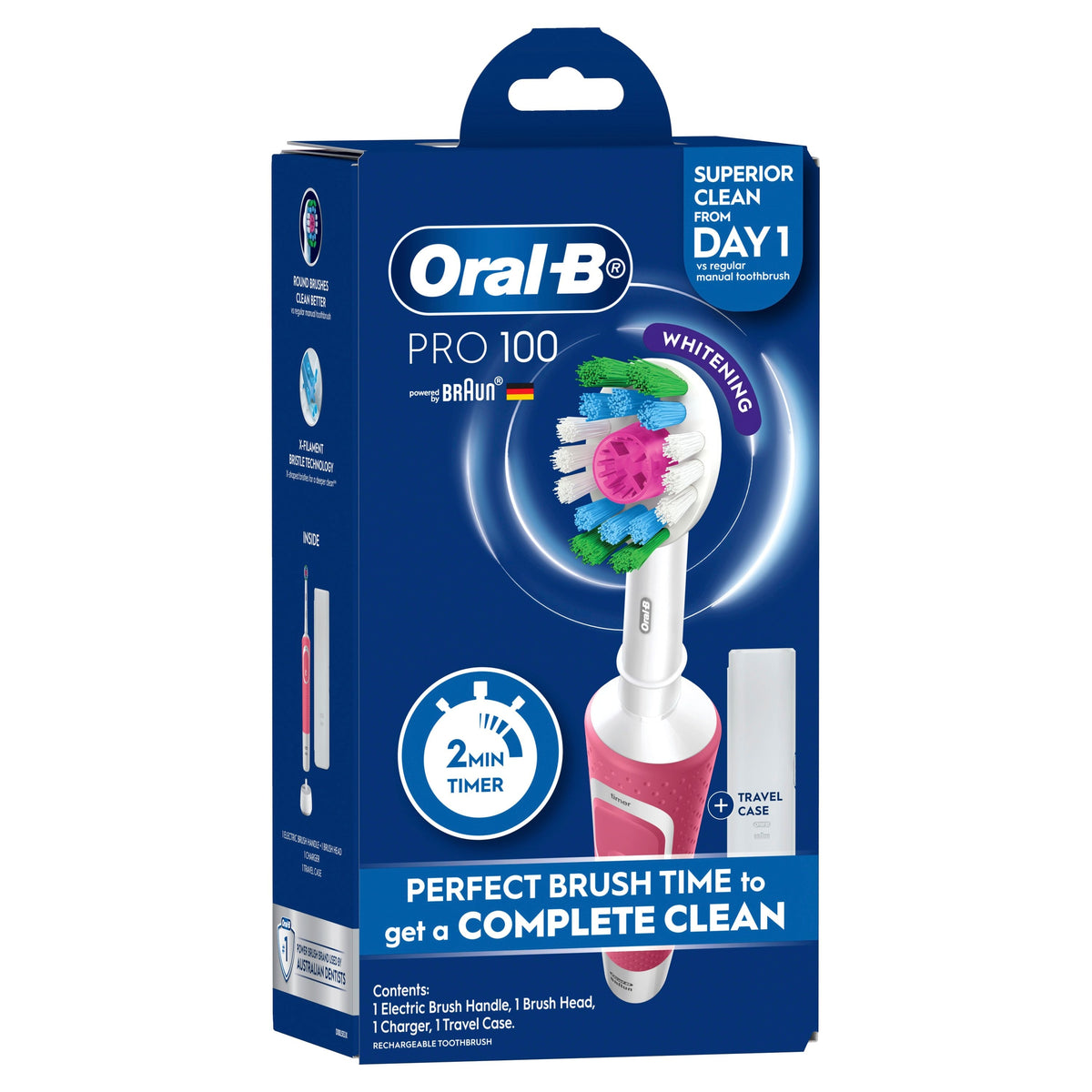 Oral-B Pro 100 Pink Electric Toothbrush with 3D Polish Whitening Head