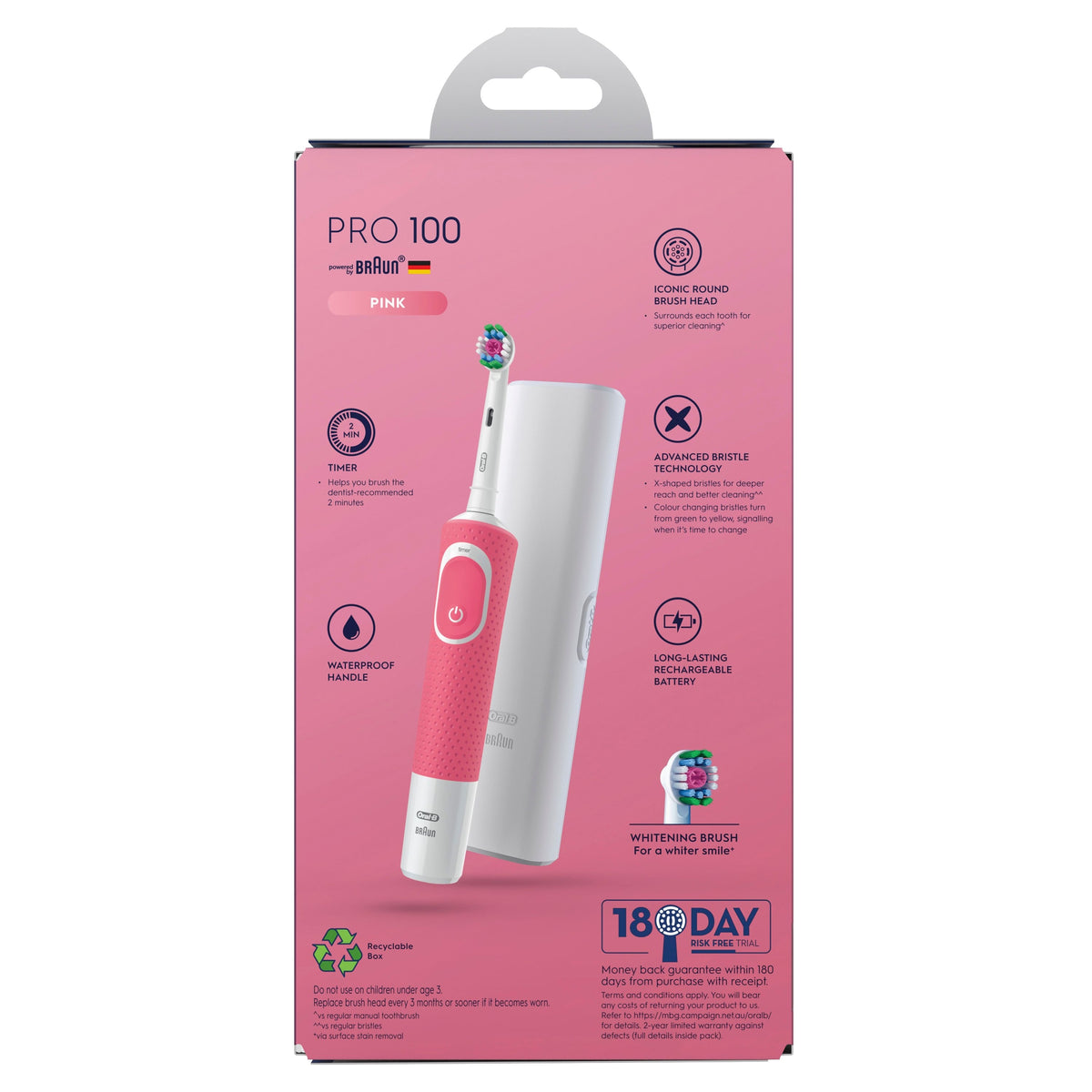 Oral-B Pro 100 Pink Electric Toothbrush with 3D Polish Whitening Head