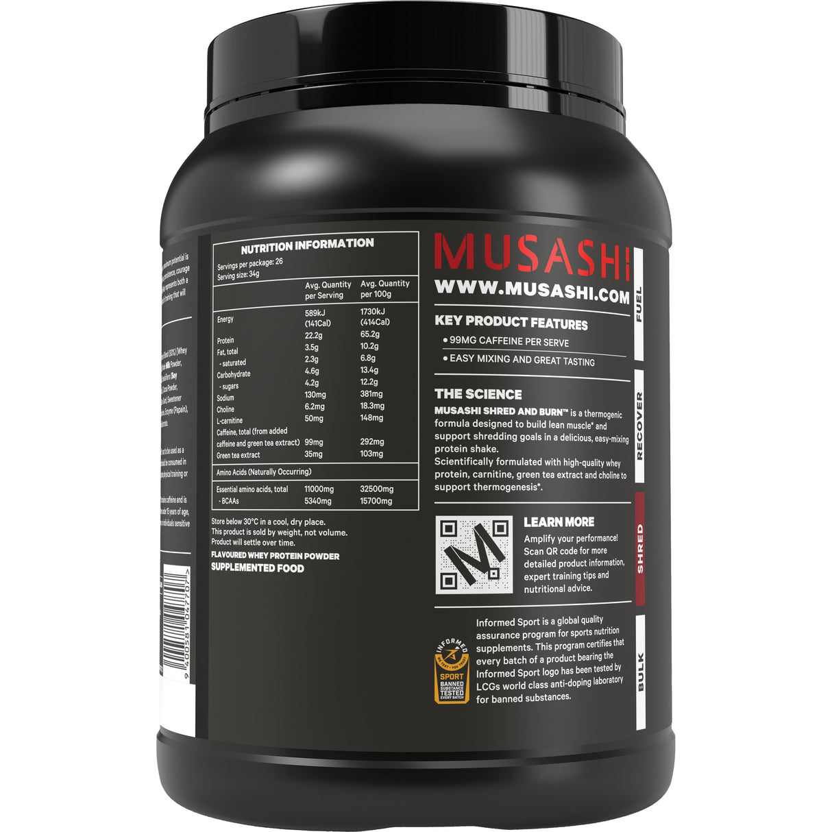 Musashi Shred & Burn Protein Powder - Chocolate Protein Shake 900g