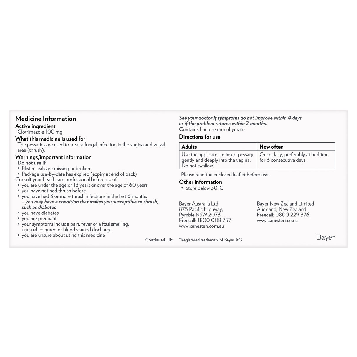 Canesten 6 Day Pessary Thrush Treatment