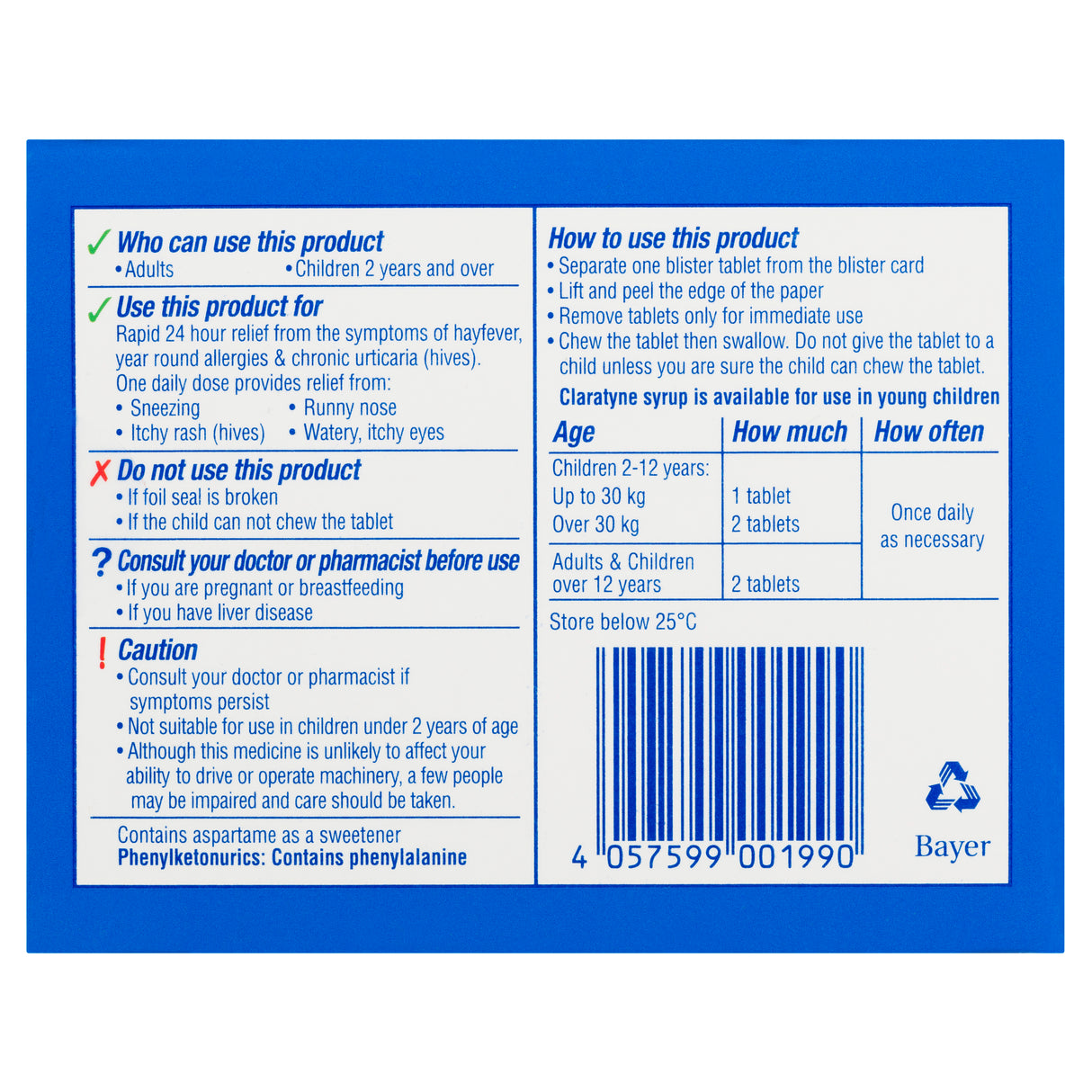 Children's Claratyne Allergy & Hayfever Relief Antihistamine Bubblegum Flavoured Chewable Tablets 30 pack