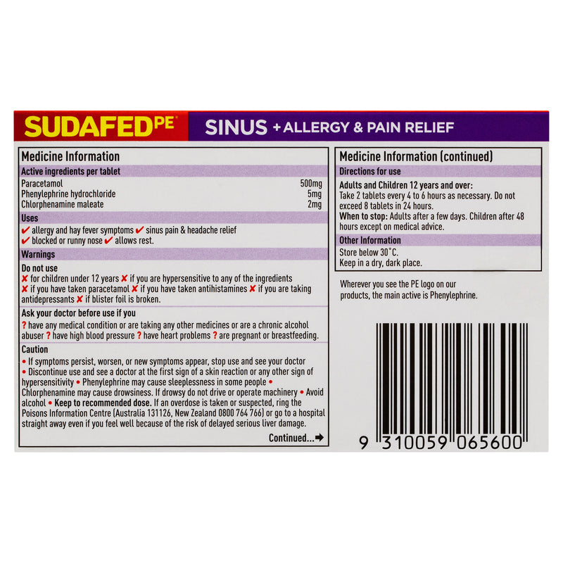 Sudafed PE Sinus + Allergy & Pain Relief Tablets 24 Pack