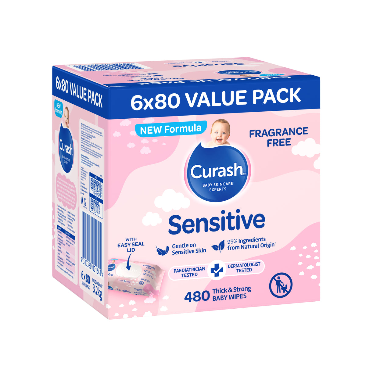 Curash Fragrance Free Baby Wipes 6x80 Pack