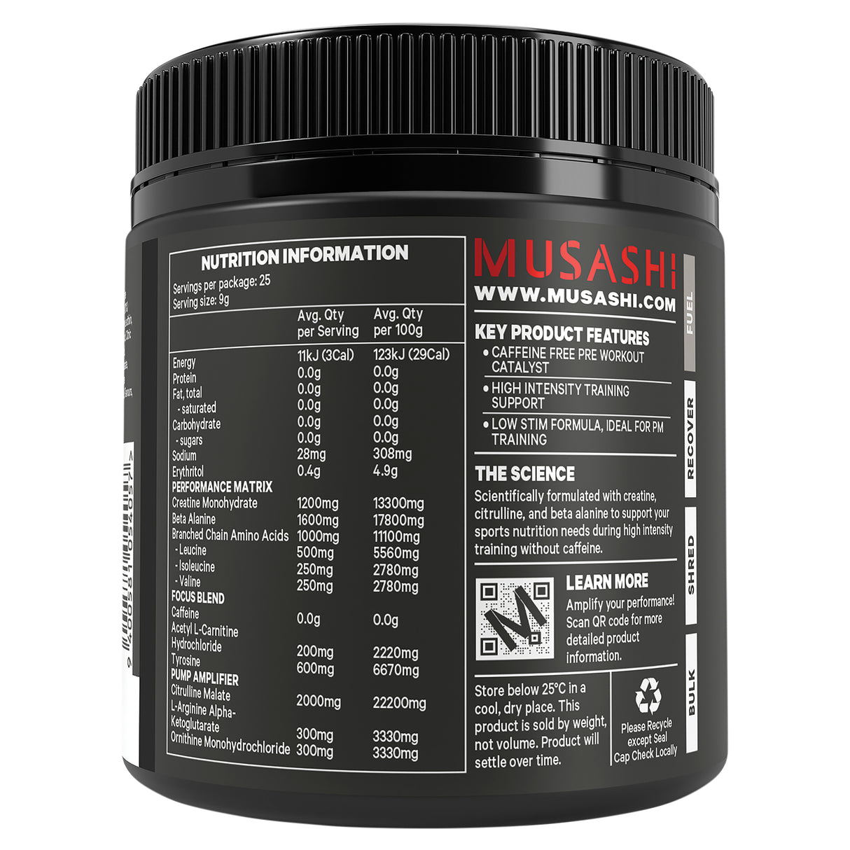 MUSASHI Pre Workout Zero Caffeine Red Raspberry 225g