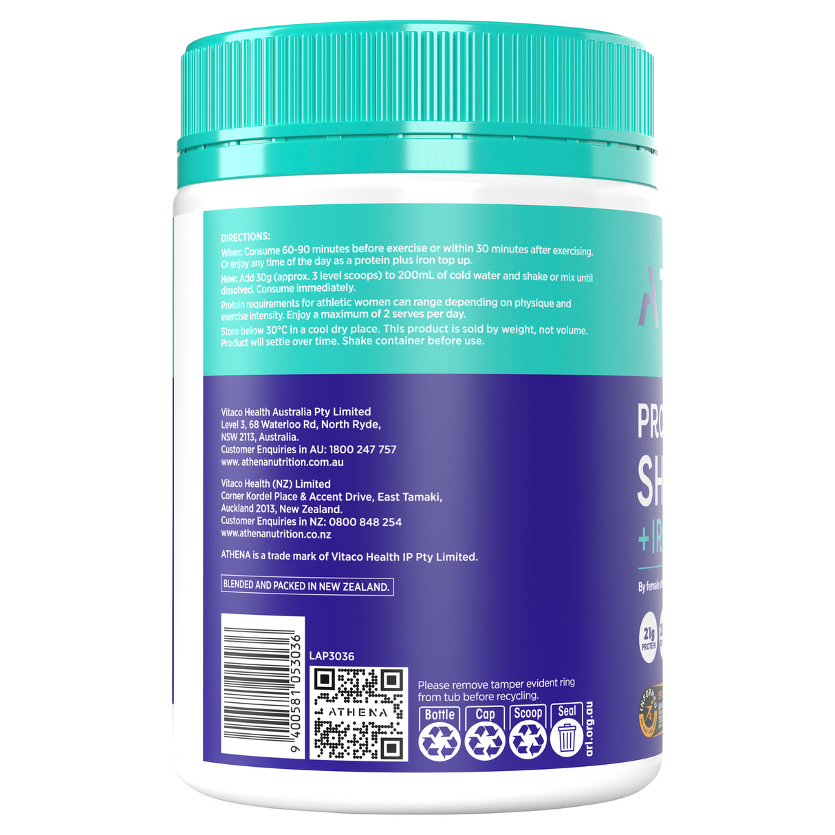 Athena Protein Shake + Iron Vanilla 450g powder