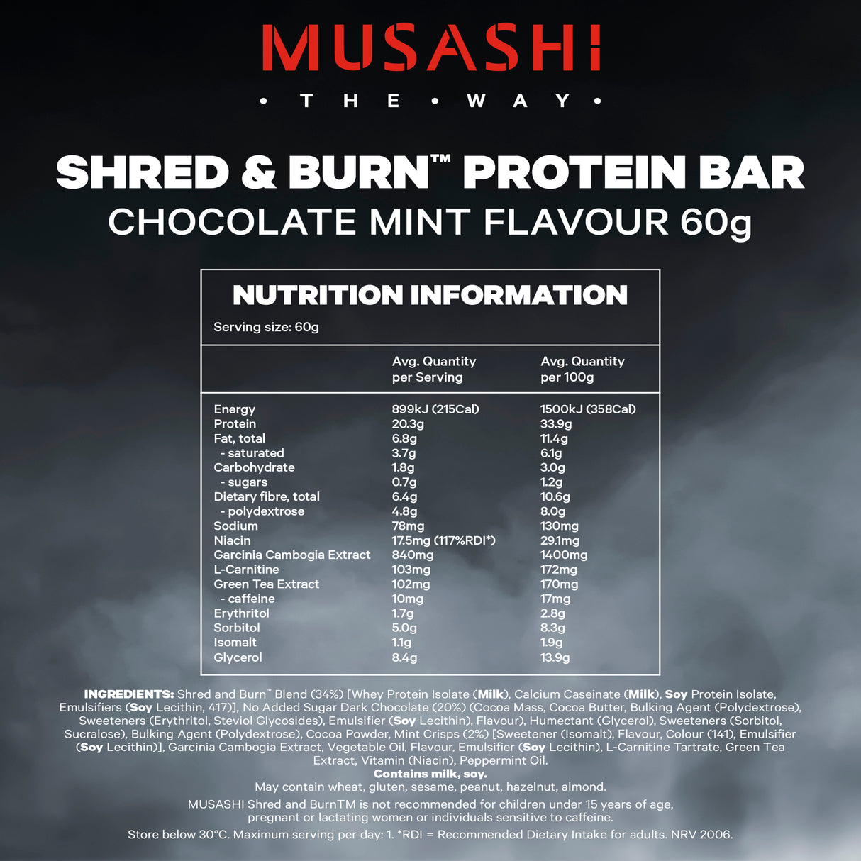 MUSASHI Shred&Burn Protien Bar Choc Mint 60g