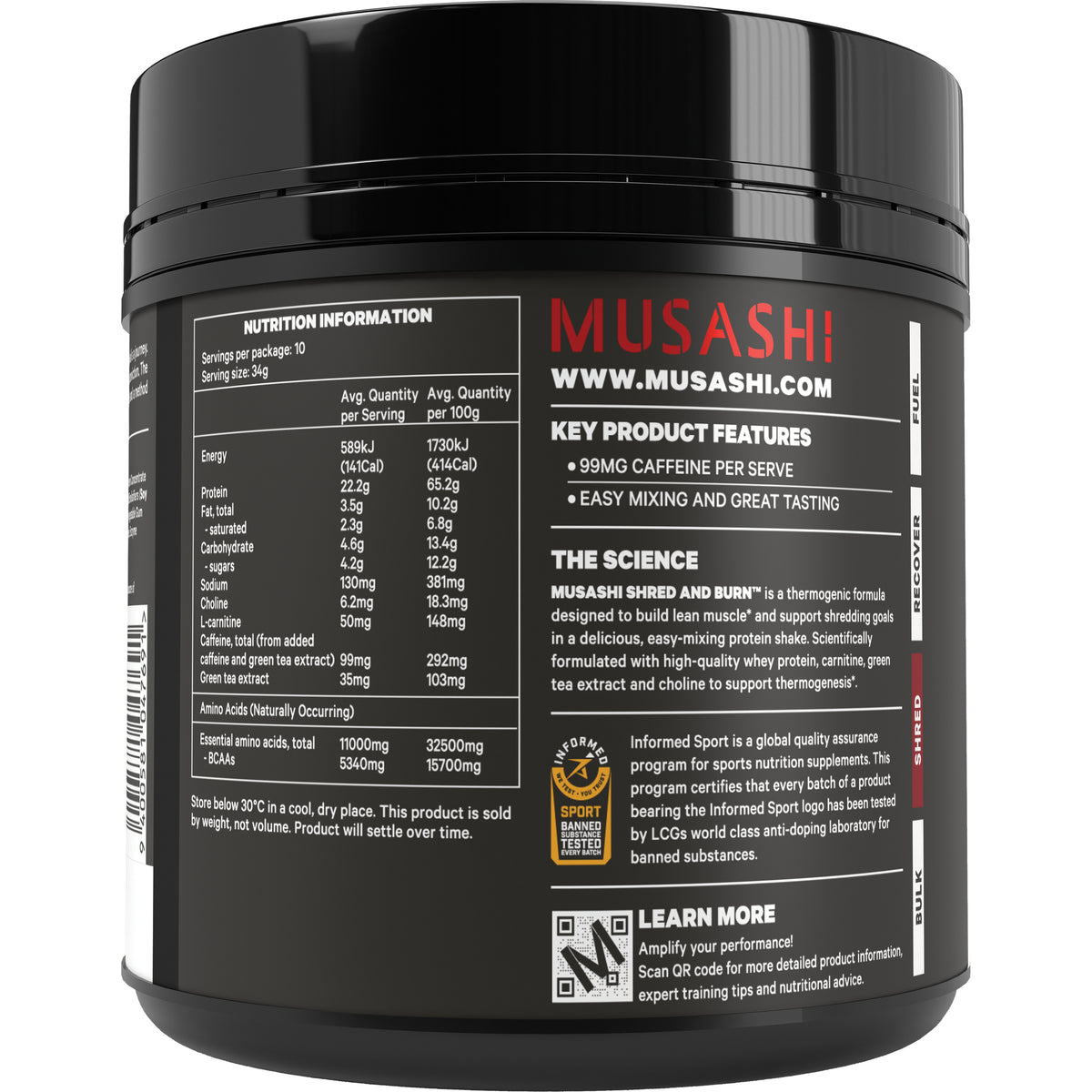 MUSASHI Shred&Burn Chocolate Milkshake 340g
