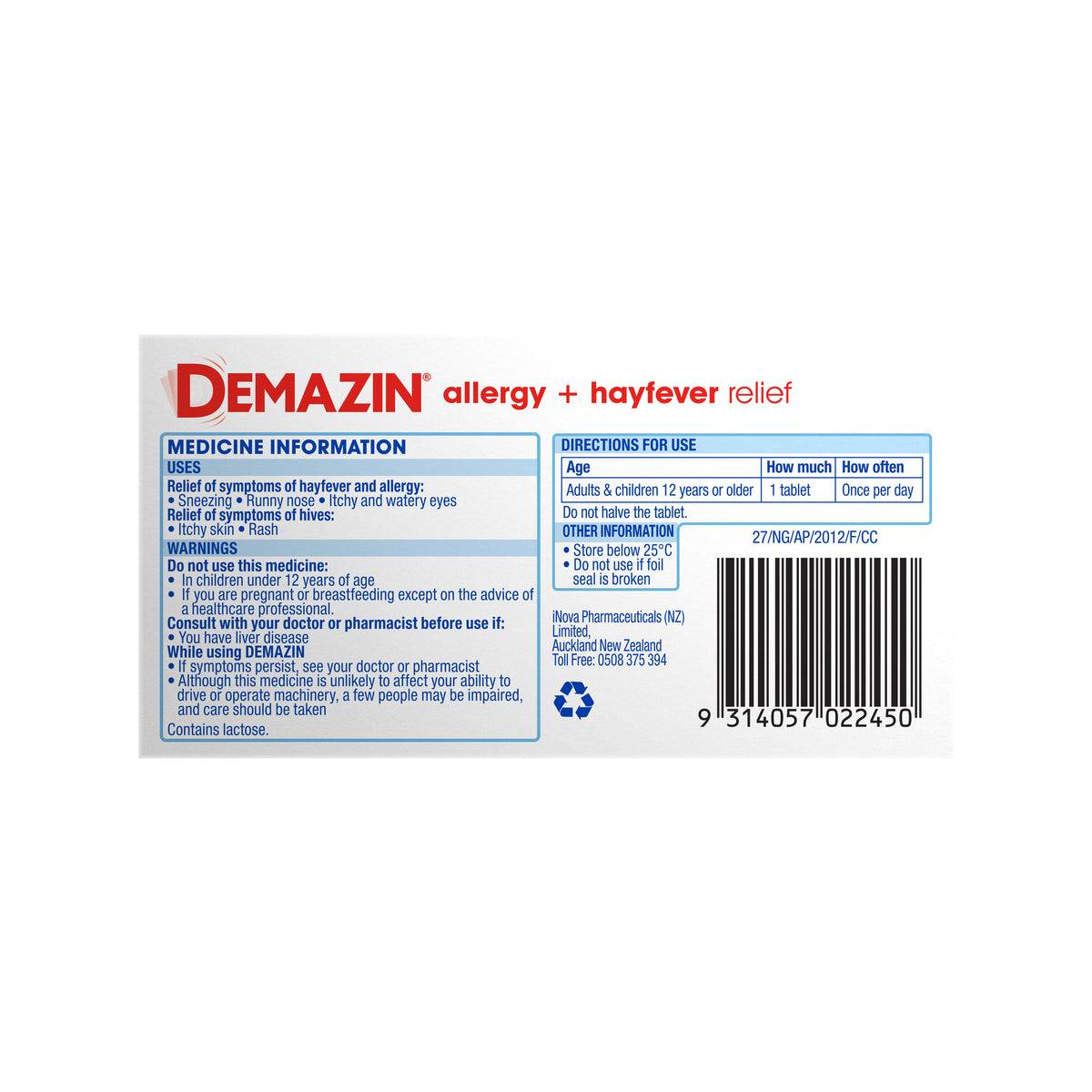 DEMAZIN hayfever allrgy rlf tab 30s