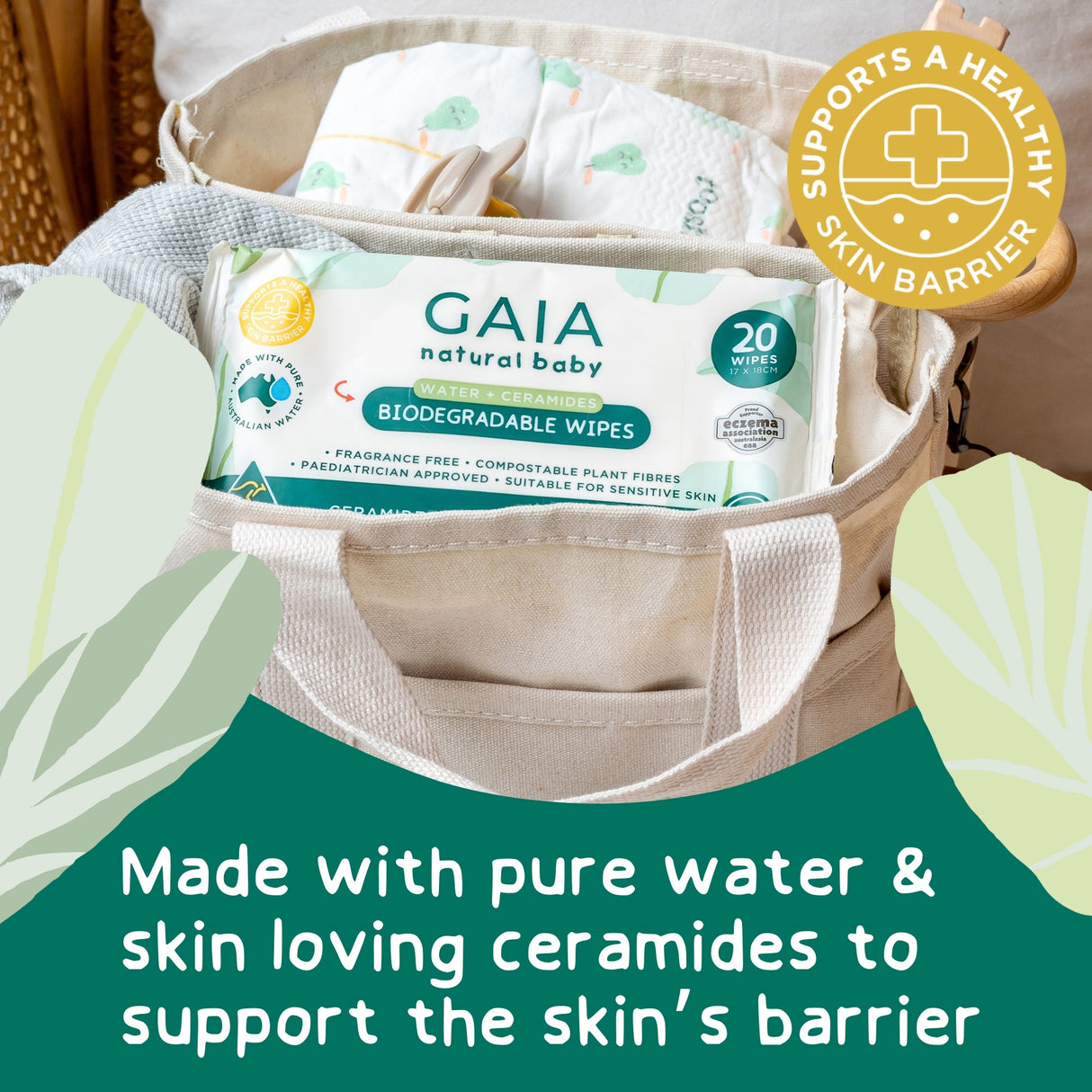 GAIA Natural Baby Water + Ceramides Biodegradable Wipes 20pk