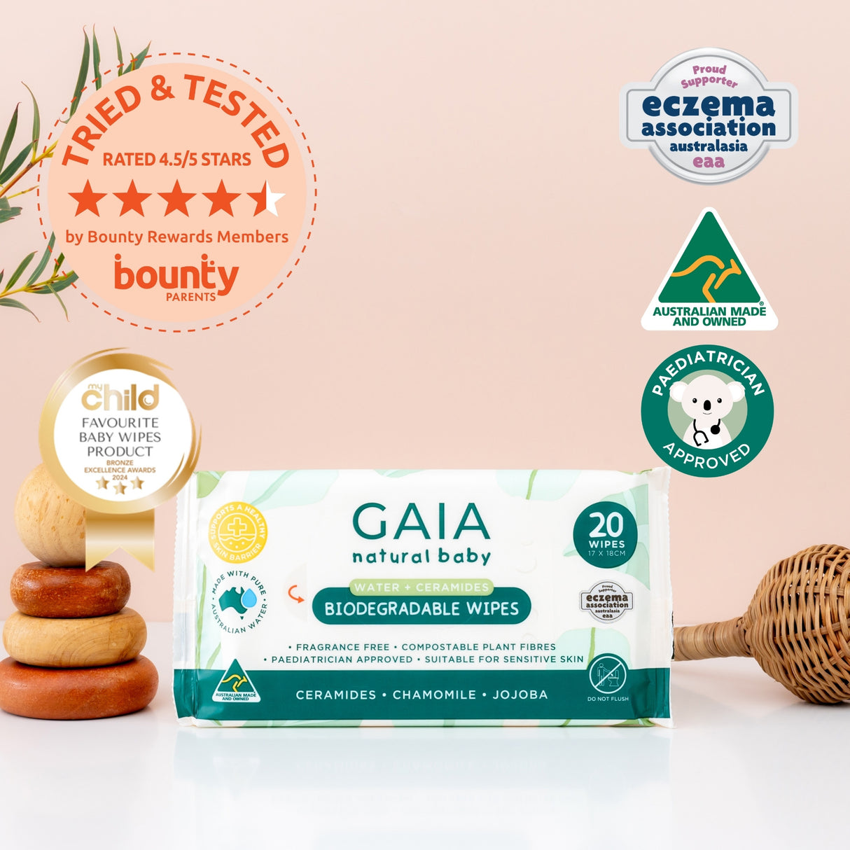 GAIA Natural Baby Water + Ceramides Biodegradable Wipes 20pk