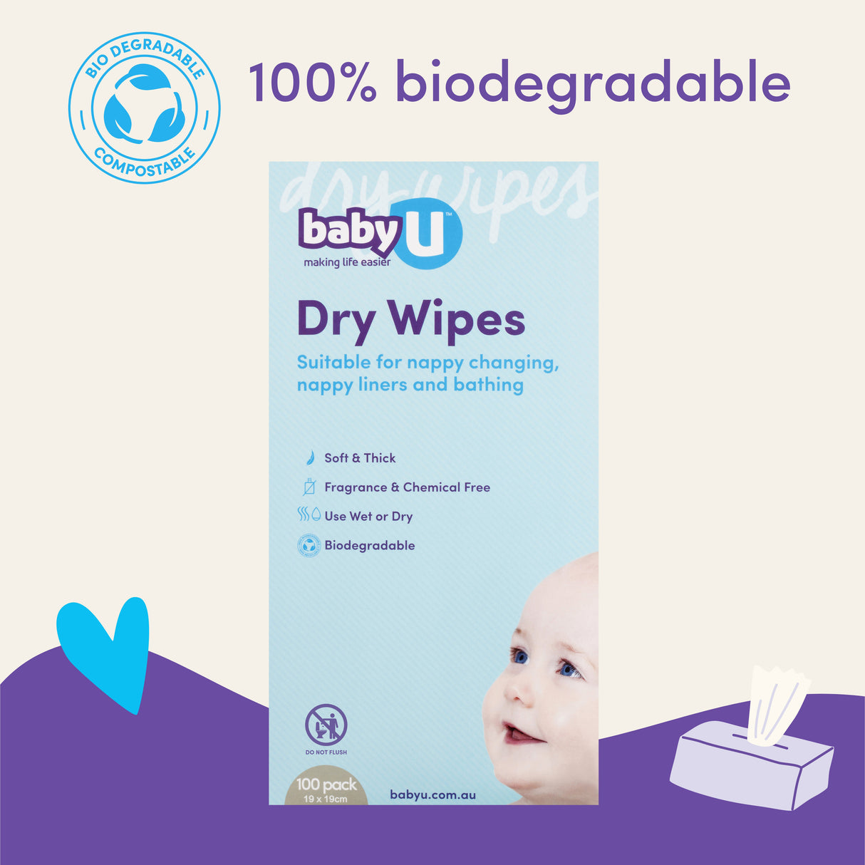 Baby U Dry Wipes 100 Pack