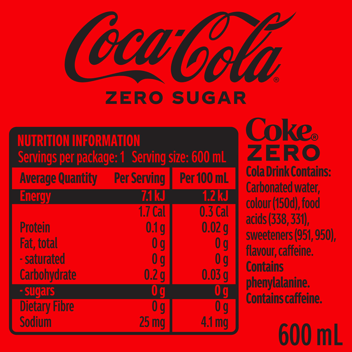 Coca-Cola Zero Sugar Soft Drink 600 mL