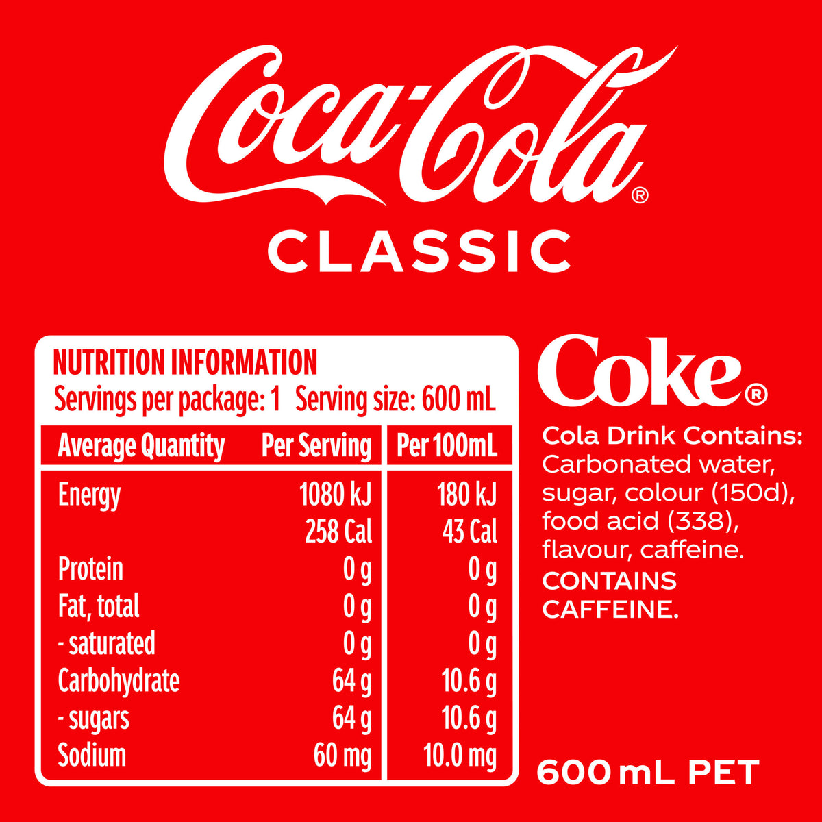 Coca-Cola Classic Soft Drink 600 mL