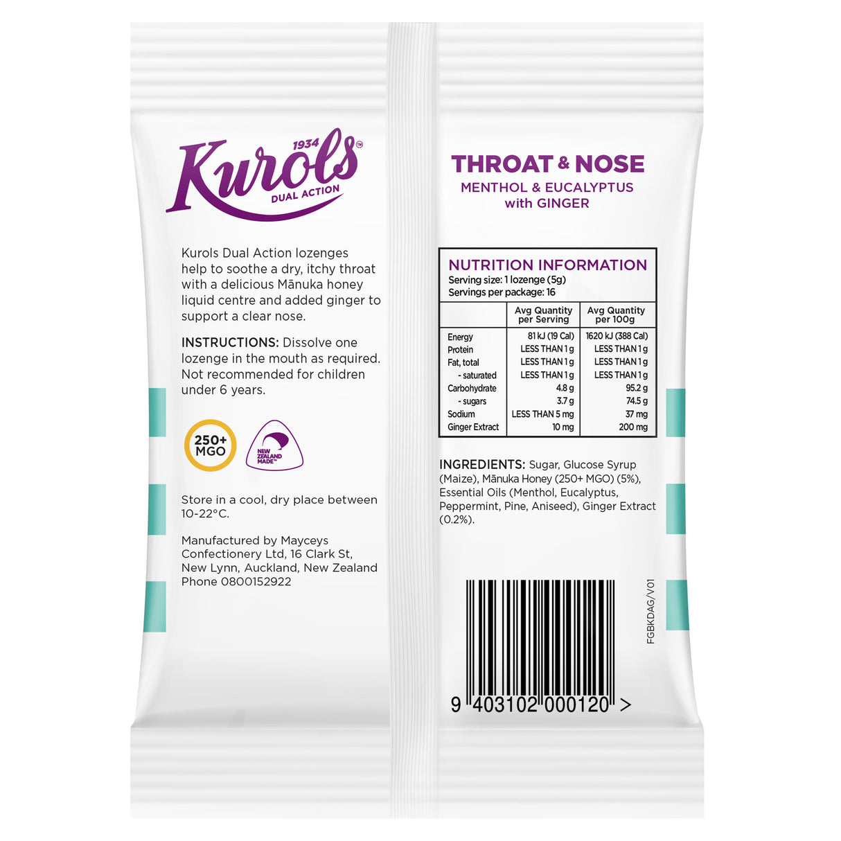 Kurols Dual Action Lozenges Menthol and Gin 16 Lozenges