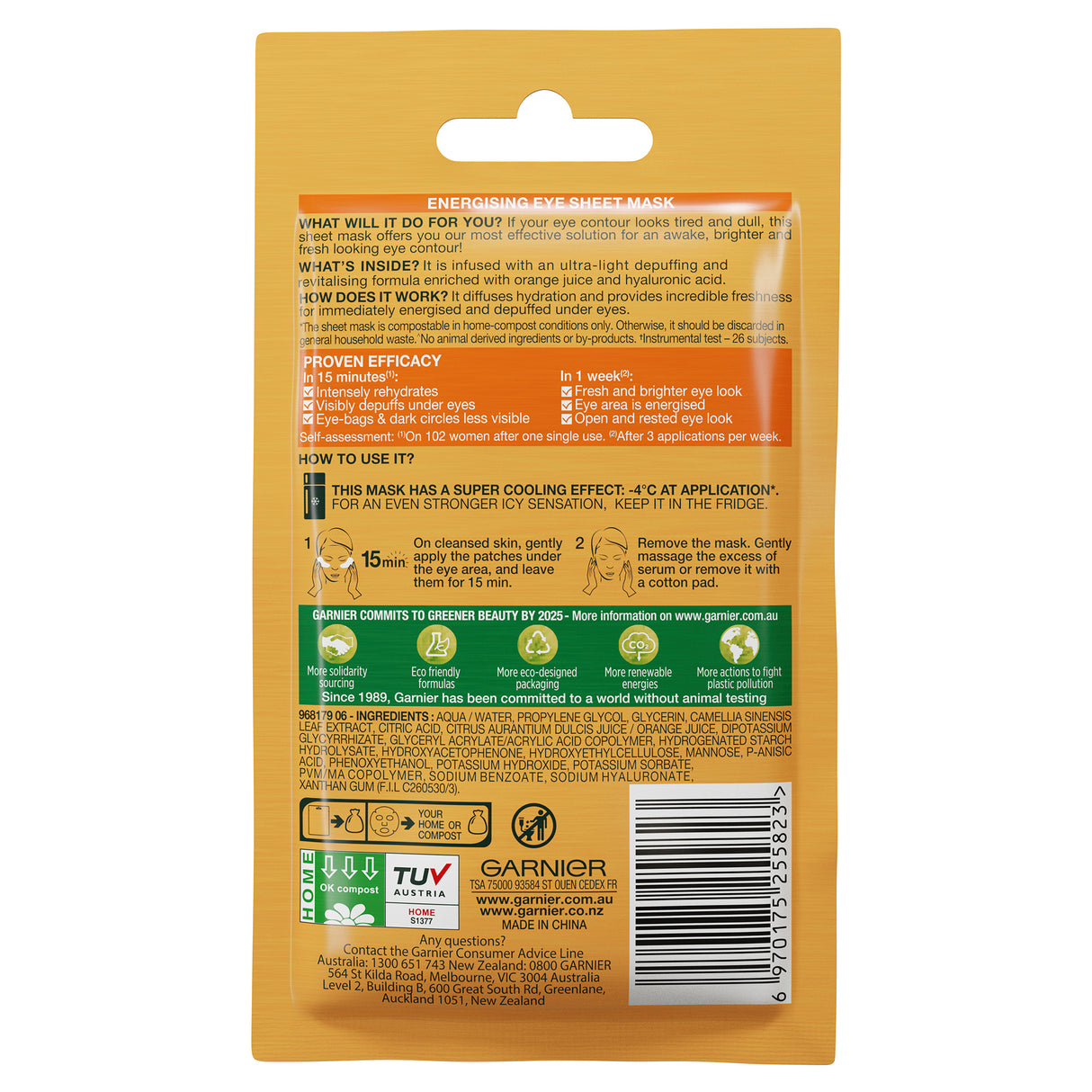 Garnier Hydra Bomb Hyaluronic Acid + Orange Extract Eye Sheet Mask 6g