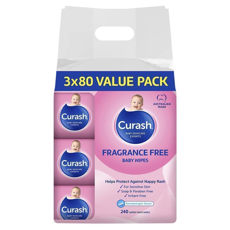 Curash Fragrance Free Baby Wipes 3x 80 Pack