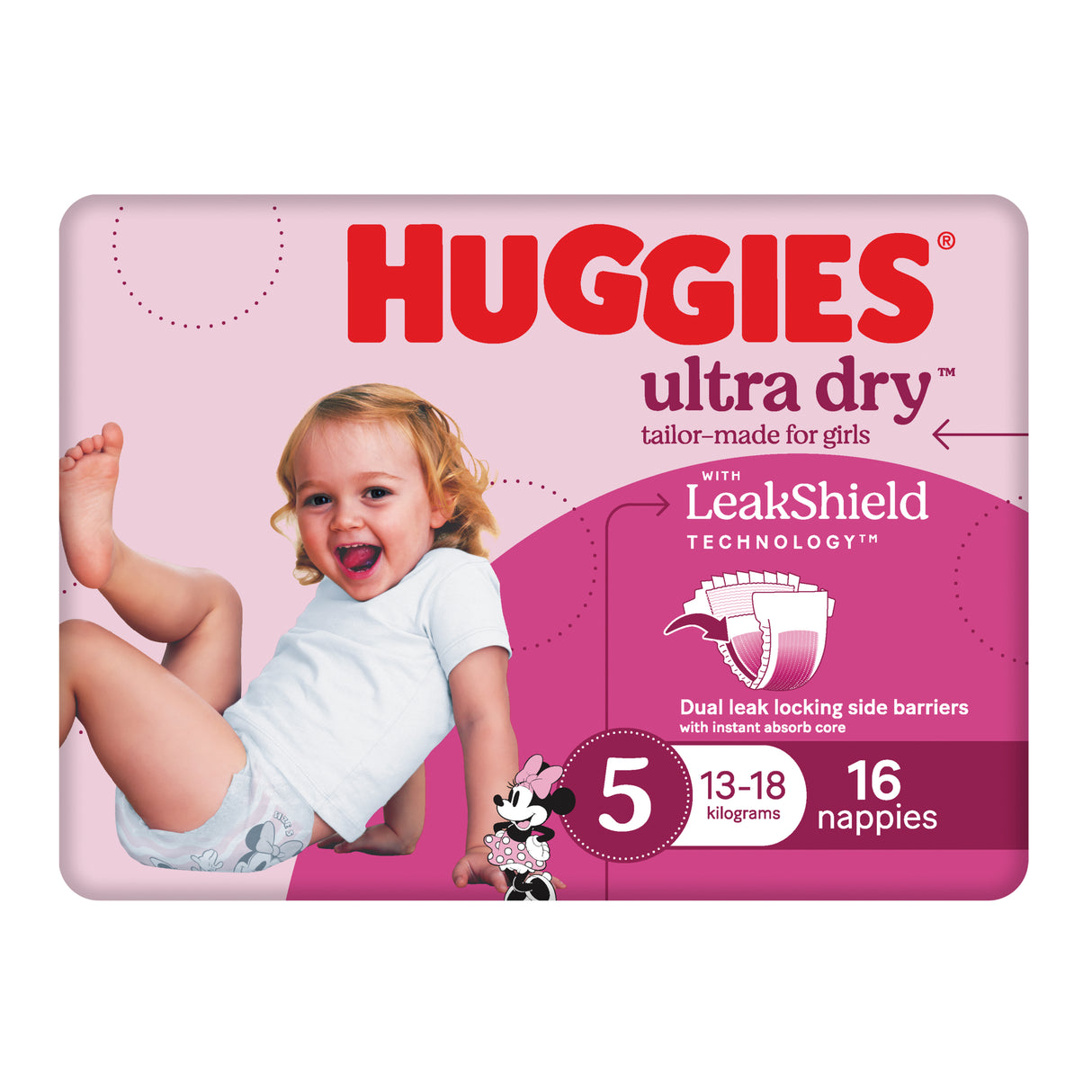 Huggies Ultra Dry Nappies Girl Size 5 (13-18kg) 16 Pack