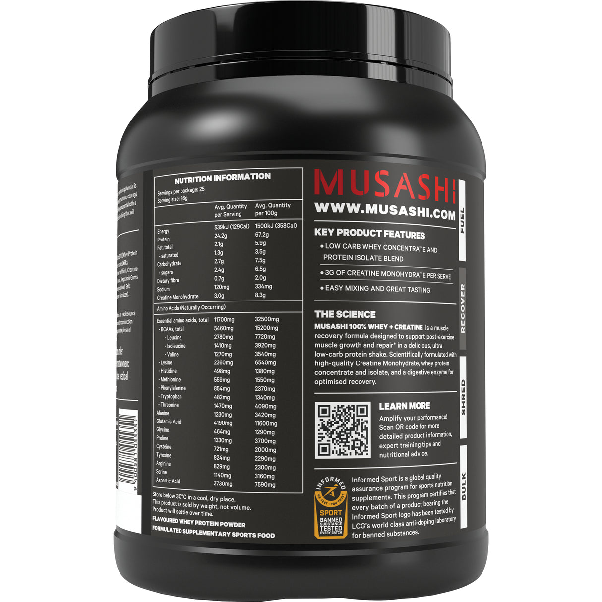 MUSASHI 100% Whey + Creatine Chocolate 900g