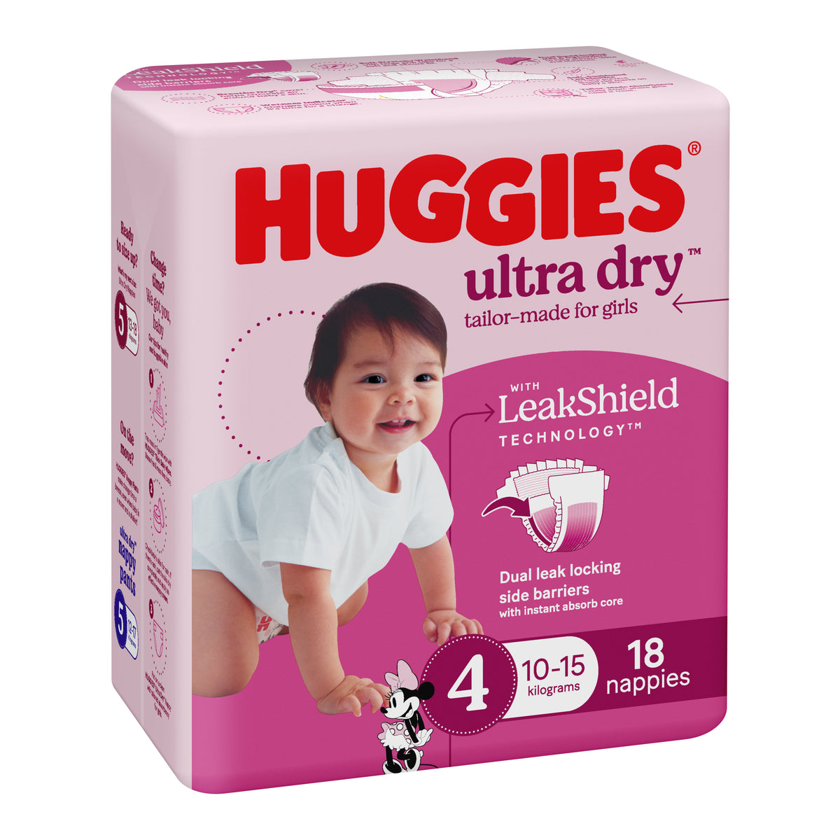 Huggies Ultra Dry Nappies Girls Size 4 (10-15kg) 18 Pack