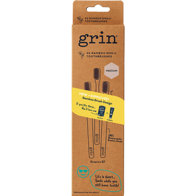 Grin Bamboo Toothbrush Emoji Medium 3Pack