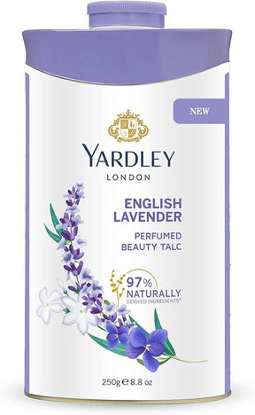 A cylindrical white and lavender container of Yardley London English Lavender Perfumed Beauty Talc, featuring lavender and white flower illustrations on the front label.