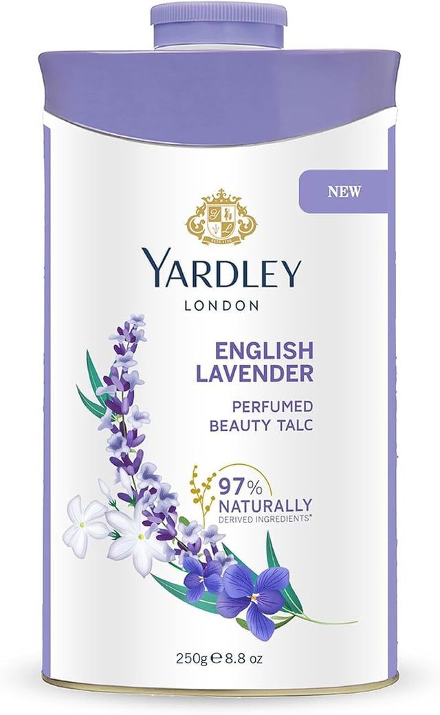 A cylindrical white and lavender container of Yardley London English Lavender Perfumed Beauty Talc, featuring lavender and white flower illustrations on the front label.
