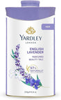 A cylindrical white and lavender container of Yardley London English Lavender Perfumed Beauty Talc, featuring lavender and white flower illustrations on the front label.