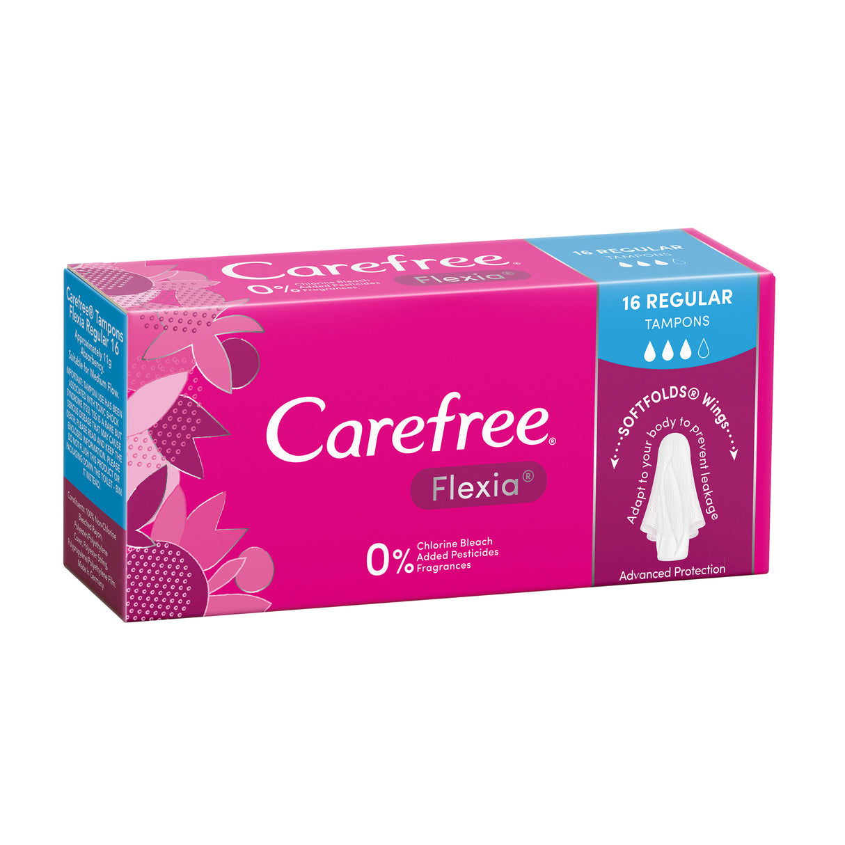 Carefree Flexia Fragrance Free Regular Tampons With Wings 16 Pack