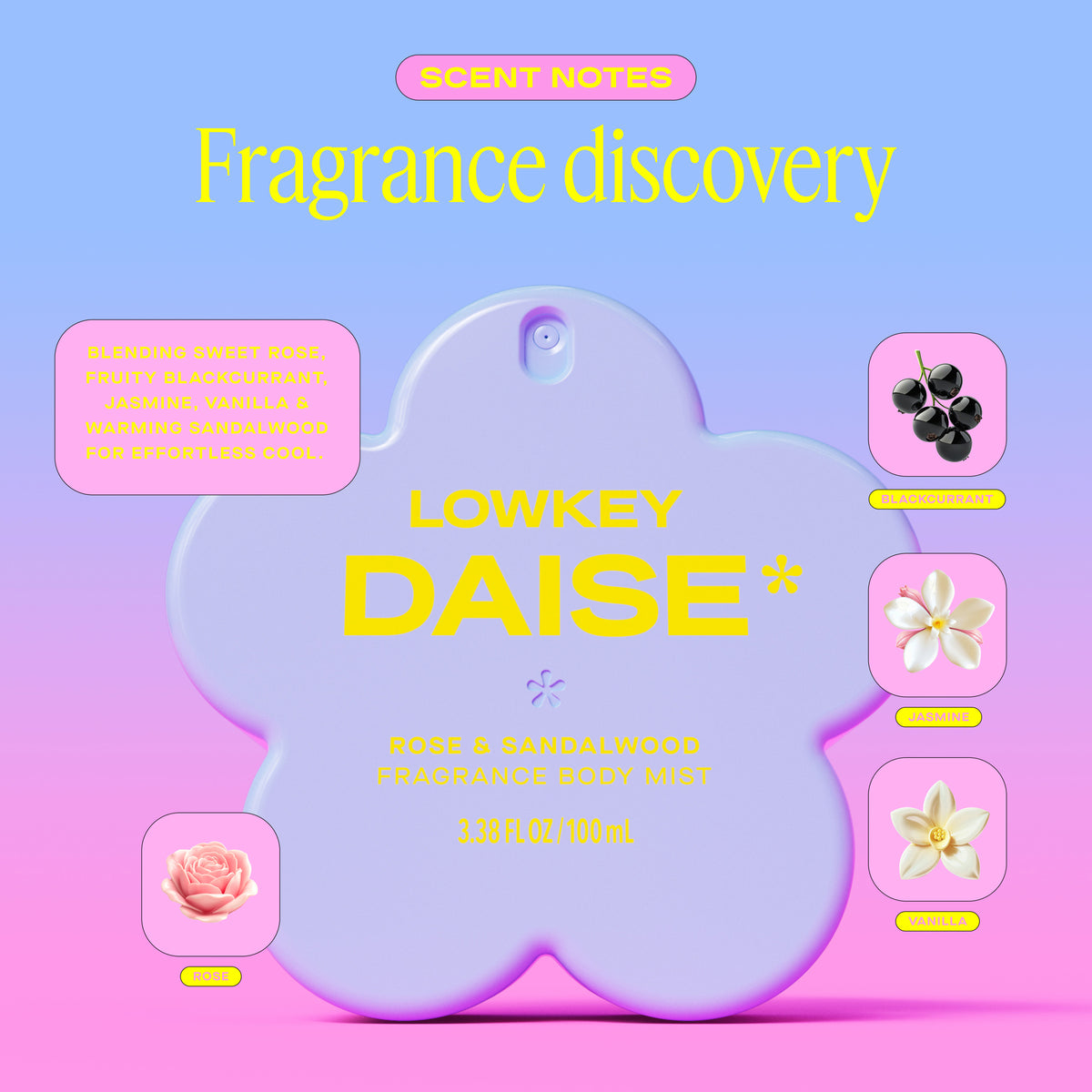 DAISE Lowkey Daise Fragrance Body Mist in Rose & Sandalwood, 3.3 fl oz/100 mL