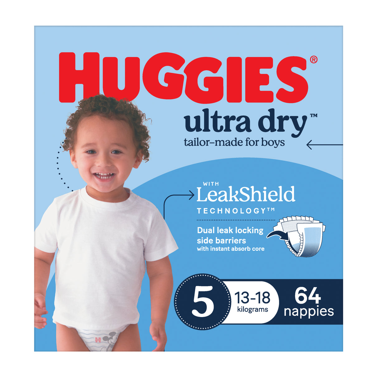 Huggies Ultra Dry Nappies Boys Size 5 (13-18kg) 64 Pack