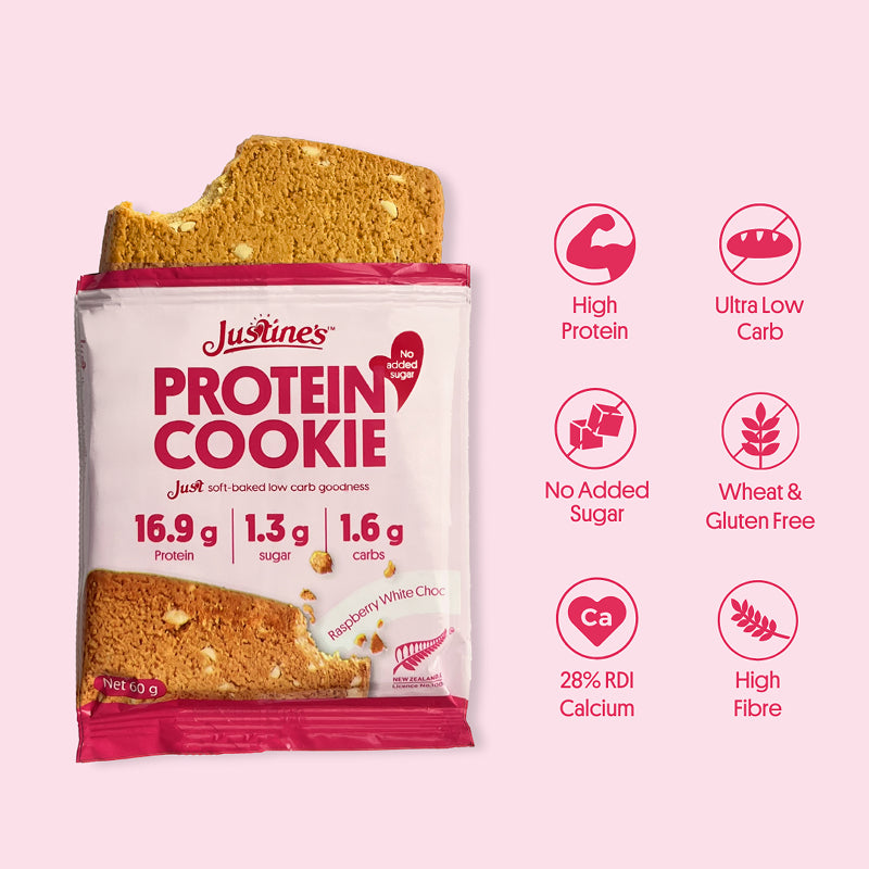 Justine's Protein Cookie Raspberry White Choc Chip 60g