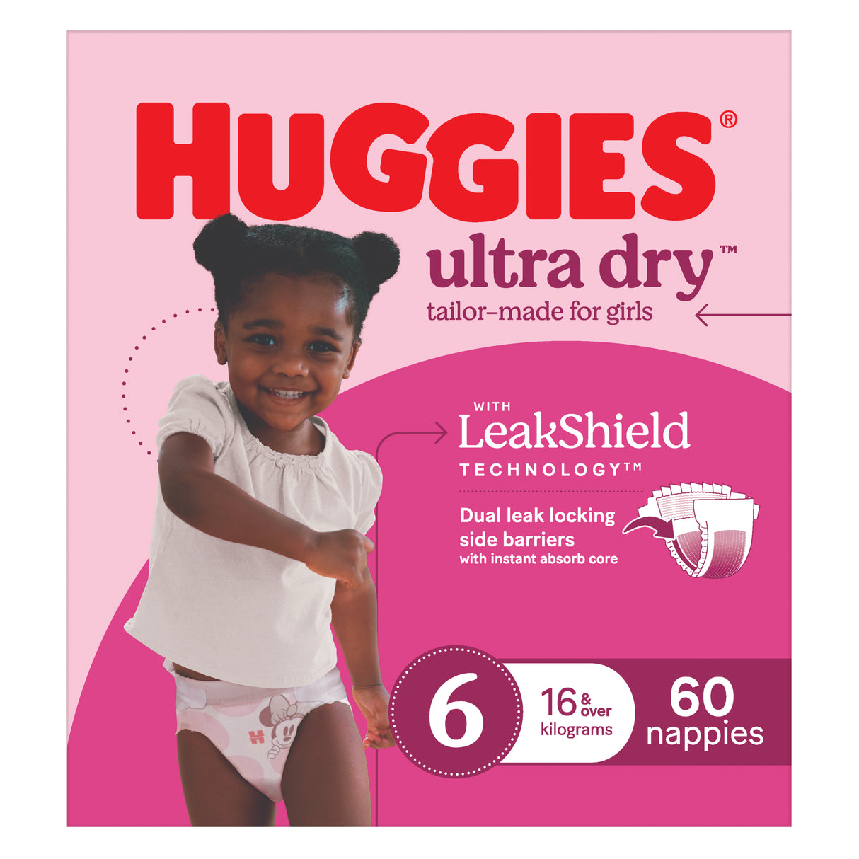 Huggies Ultra Dry Nappies Girls Size 6 (16+kg) 60 Pack