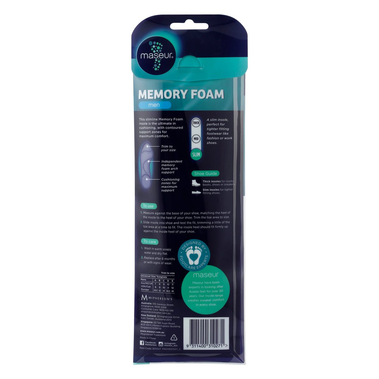 Maseur Men's Memory Foam Insoles, 1 pair