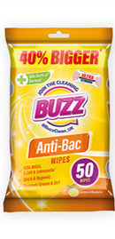 BUZZ SURFACE BACTERIAL WIPES LEMON 50pk