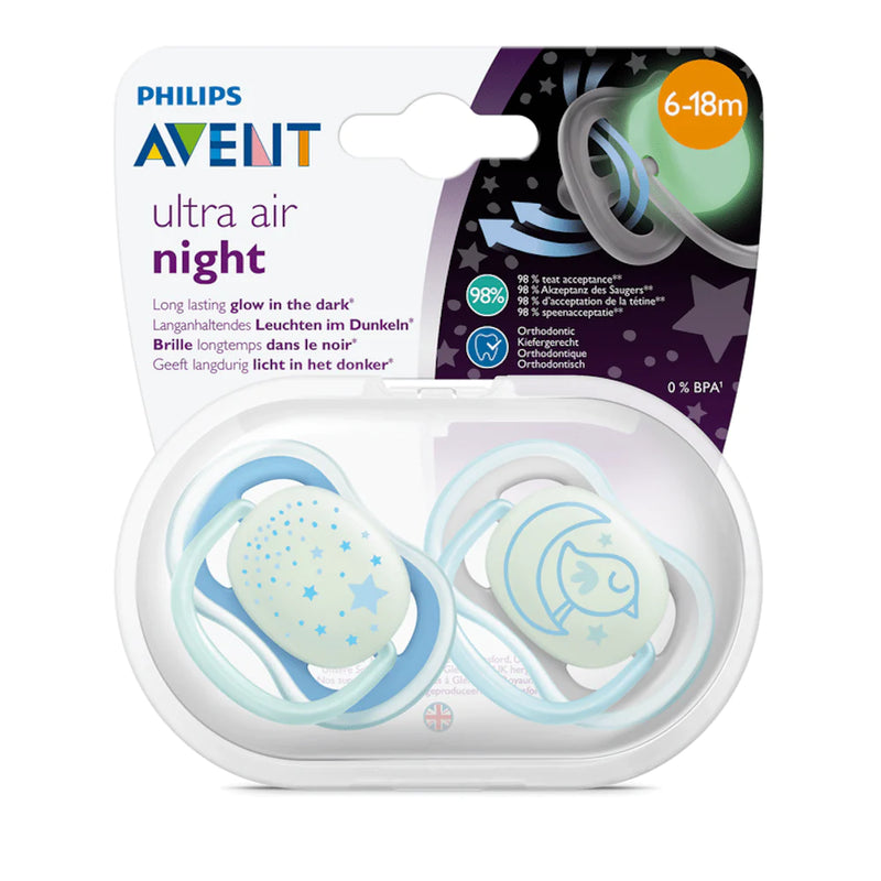 Avent Ultra Air Night BPA Free Soother 6-18m 2 Pack ( please specify blue or pink )