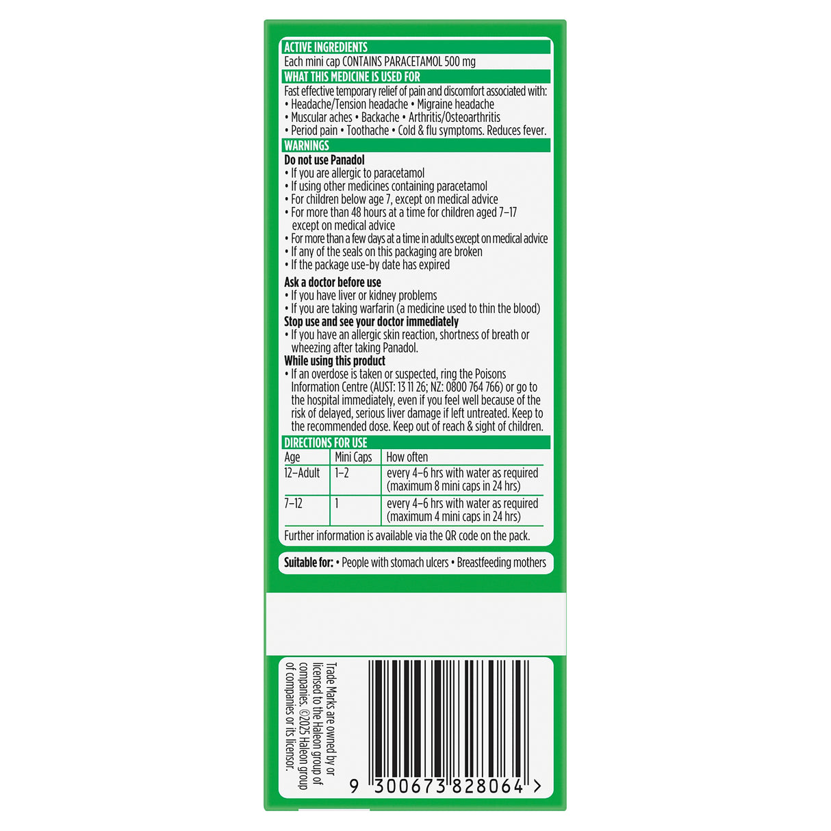 PANADOL Mini Capsule 500mg Paracetamol Capsule 96s
