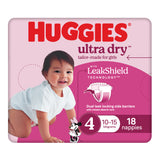 Huggies Ultra Dry Nappies Girls Size 4 (10-15kg) 18 Pack