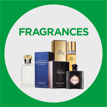 Fragrance category image, square with a green boarder and grey circle in the center, in the circle is images of different fragrances bottles like black opium and versace with fragrances written in green above