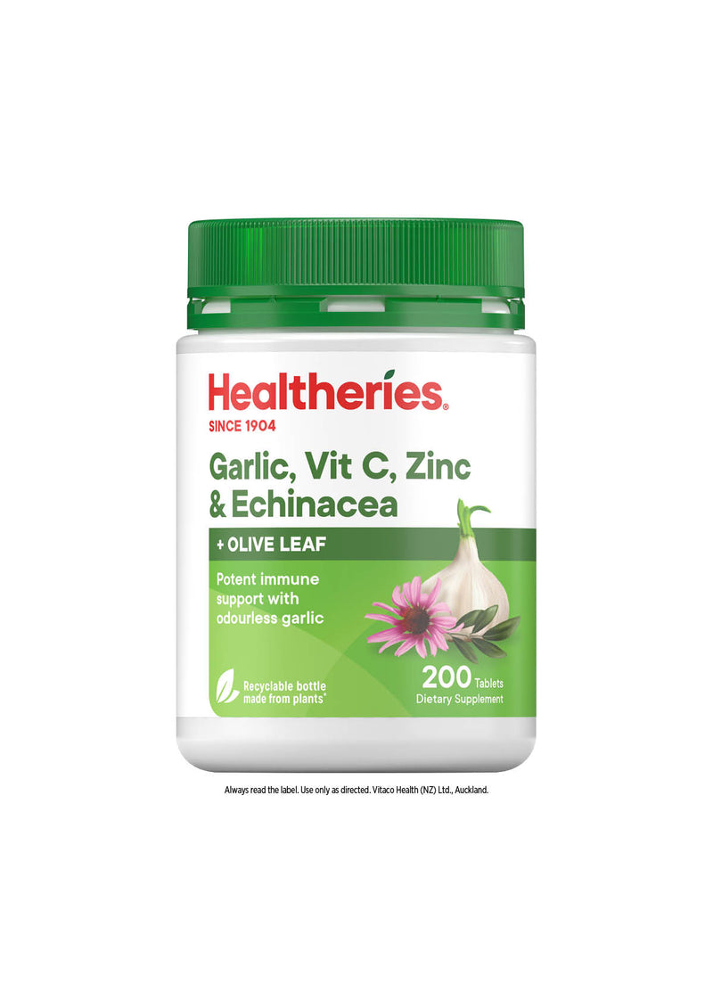 Healtheries Garlic, Vit C, Zinc & Echinacea with Olive Leaf 200 Tablets