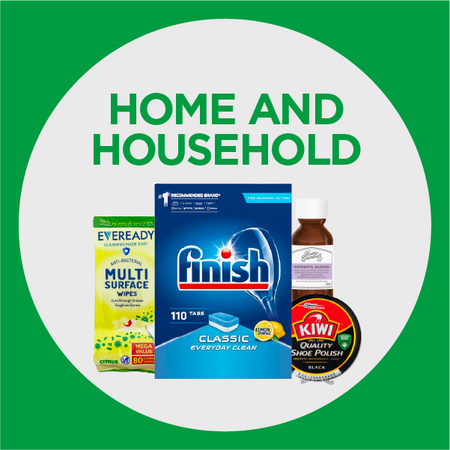 Home and Household category image, square with a green boarder and grey circle in the center, in the circle is images of different products, finish tablets dishwasher box, eveready wipes and shoe polish with home and household written in green above