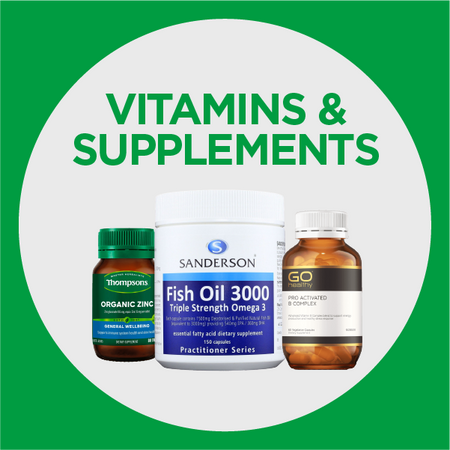 Vitamins & Supplements category image, square with a green boarder and grey circle in the center, in the circle is images of different supplement bottles for fish oil, zinic, probiotic with vitamins & supplements written in green above
