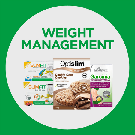 Weight Management category image, square with a green boarder and grey circle in the center, in the circle is images of different weight management products like slimfit, optislim and garcinia with weight management written in green above