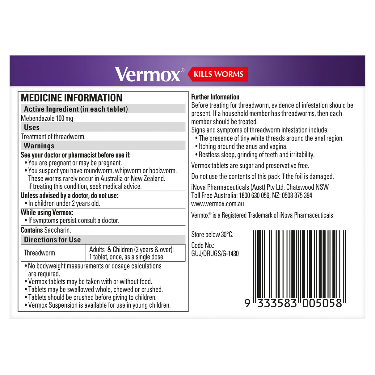 Vermox Worming Treatment Orange 4 Tablets