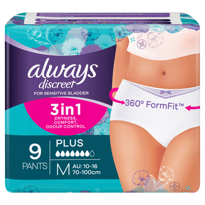 Always Discreet Plus Underwear 9 Medium Pants For Bladder Leaks and Ad