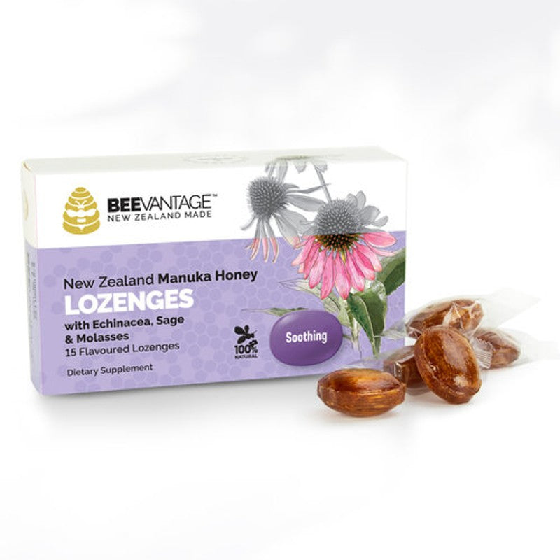BeeVantage New Zealand Manuka Honey Lozenges with Echinacea, Sage and Molasses 15 Pack